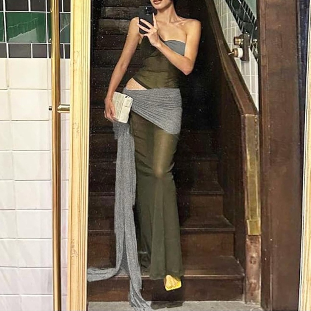 Maxi toga boutique dress in green and heather gray mesh and tshirt material